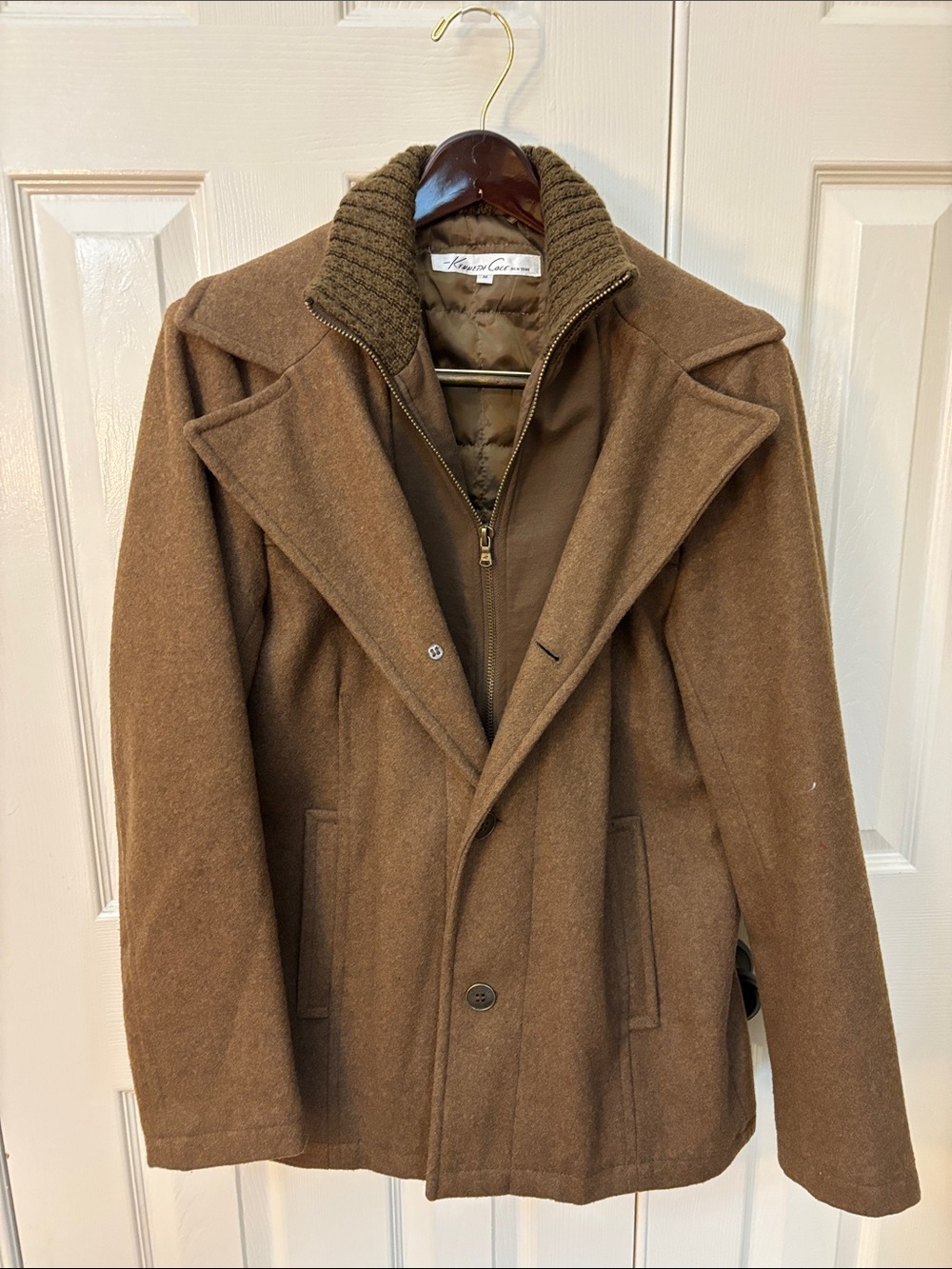 Kenneth Cole Brown Wool-Blend Pea Coat with Zip Inner Layer